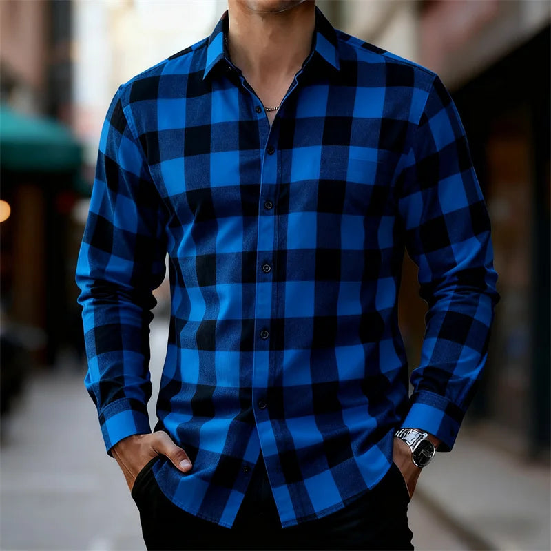 Men's Classic Red and Black Plaid Long-Sleeved Shirt | SAMAG