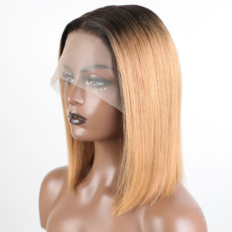 Lekker 100% Human Hair Wig Highlight Brown Long Pixie Straight Bob Middle Part Lace Front For Women Brazilian Remy Hair Glueless