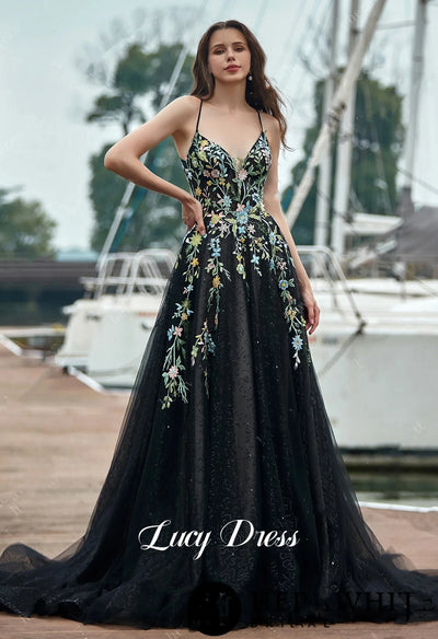 Line A Floral Fabric Wedding Dress Evening V - neck Party | SAMAG