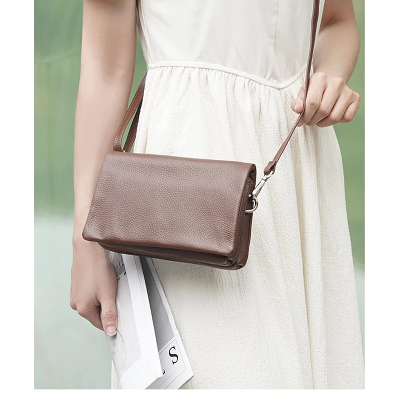 Zency New Soft Plain Color Leather Bag Multiple Pockets Women's Bag Genuine Leather Shoulder Crossbody Versatile Commuting Bag