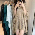 Women Beach Cover Up Crochet Sexy Deep V-Neck Side Slit Short Sleeve Hollow Out Knitted Fashion Cover-Ups Knitting Smock