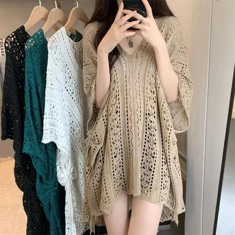 Women Beach Cover Up Crochet Sexy Deep V-Neck Side Slit Short Sleeve Hollow Out Knitted Fashion Cover-Ups Knitting Smock