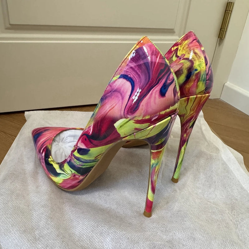 Veowalk Women's 12cm High Heels Pumps Colorful Print Pointed Toe Stiletto Shoes Sexy Party & Club Dress Shoes for Evening Events