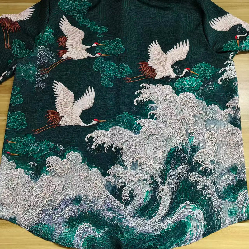New Dark Green Embossed Pattern Fabric with Flying Crane | SAMAG