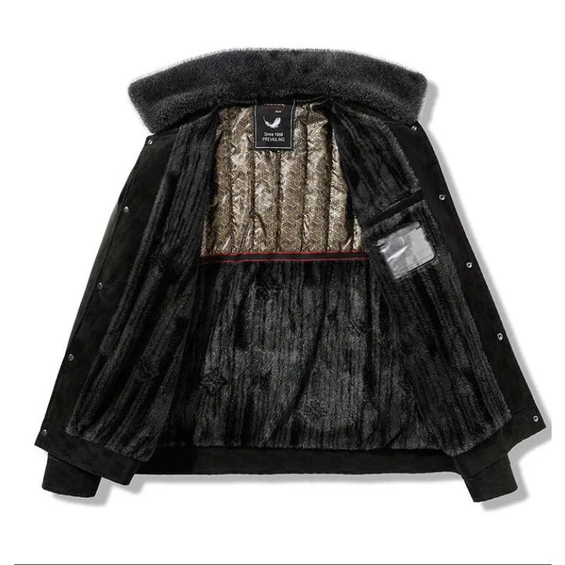 Men Fashion Men Fur Collar Fleece Warm Leather Jackets Male Multi-pockets Casual PU Leather Coats Short Jackets Men Clothing 5XL