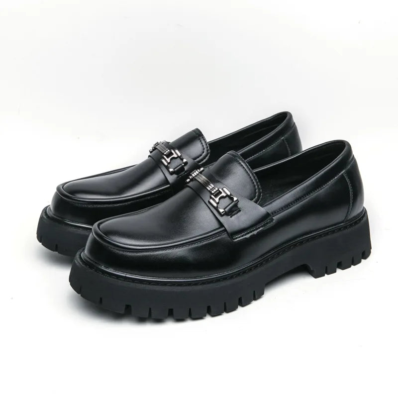 British Style Metal Buckle Loafers Men Thick-soled Wedding Shoes New Formal Business Comfort Shoes Slip-on Leather Casual Shoes