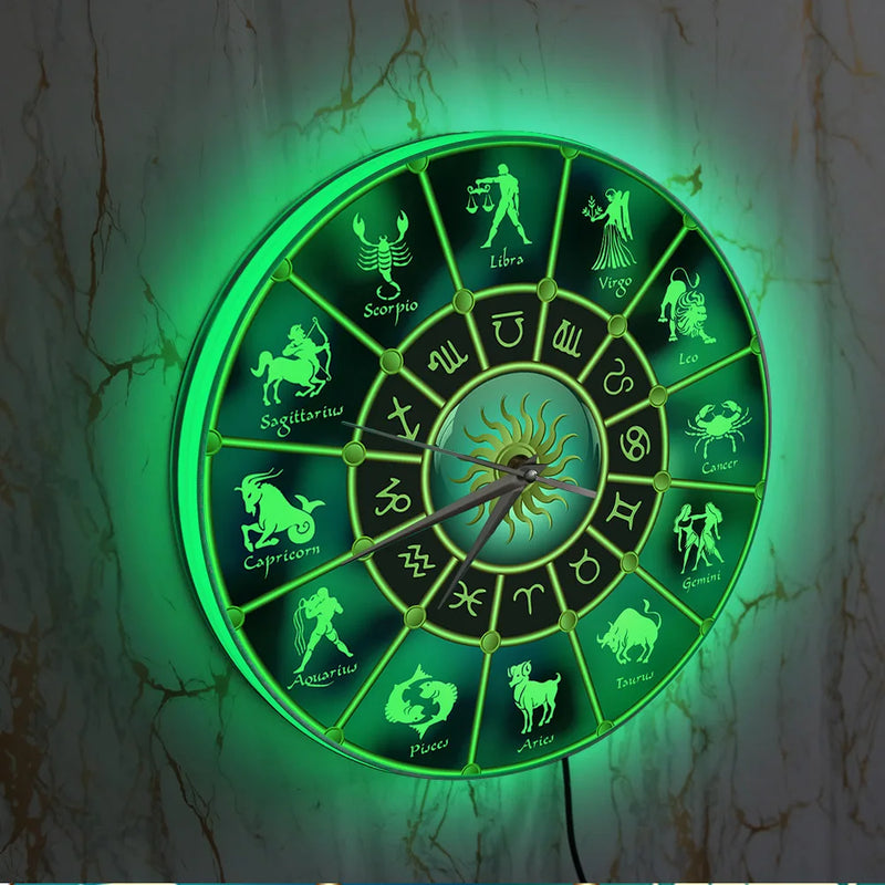 Signs Of Zodiac Wall Clock With LED Backlight Horoscope Constellation Astrology Symbol Home Decor Wall Watch For Living Room