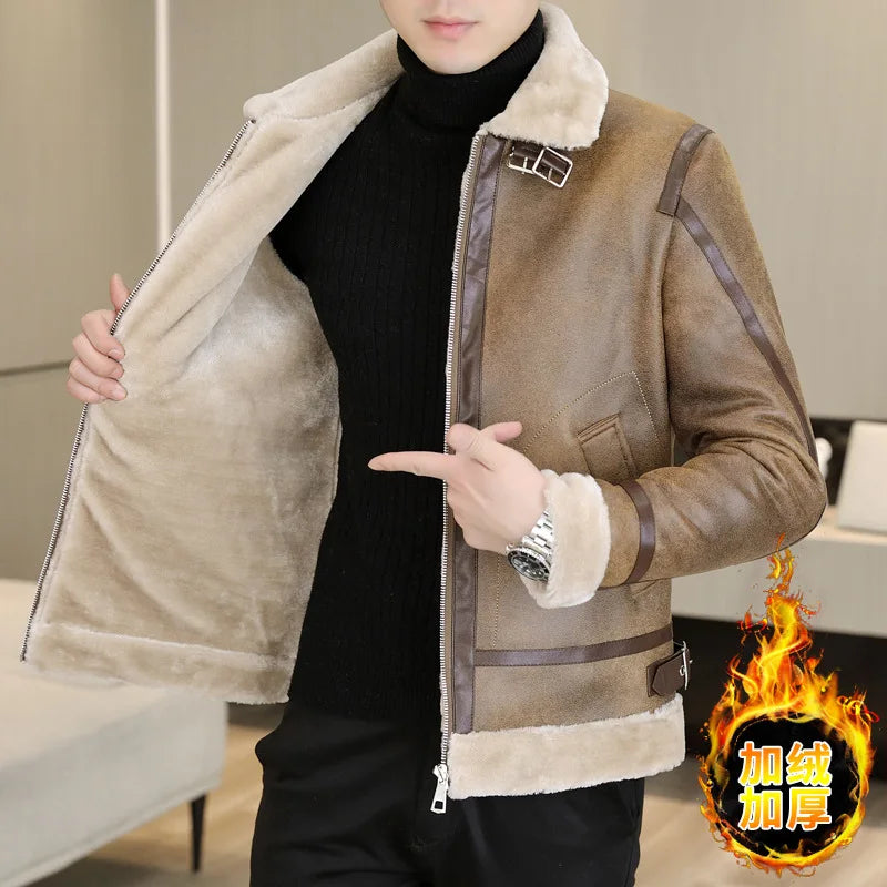 Winter Fur Leather Jacket Men Lapel Motorcycle Jacket Plus Velvet Padded Warm Casual Streetwear Social Coat Men Clothing