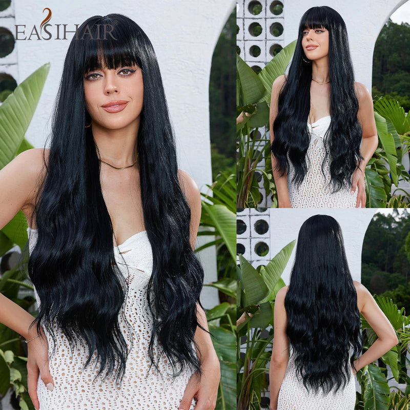 Long Blonde Ombre Brown Synthetic Wigs Water Wavy Platinum Wigs with Bang Hair Wig for Women Daily Cosplay Party Heat Resistant