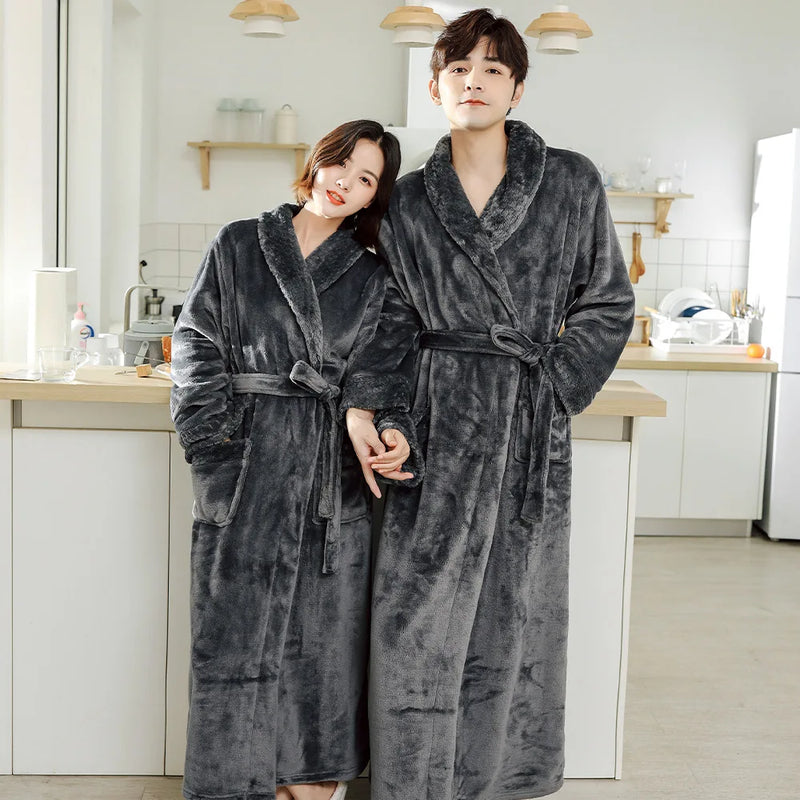 Couple Flannel Robe Winter Thick Warm Bathrobe Long Fleece Sleepwear Loungewear for Men and Women