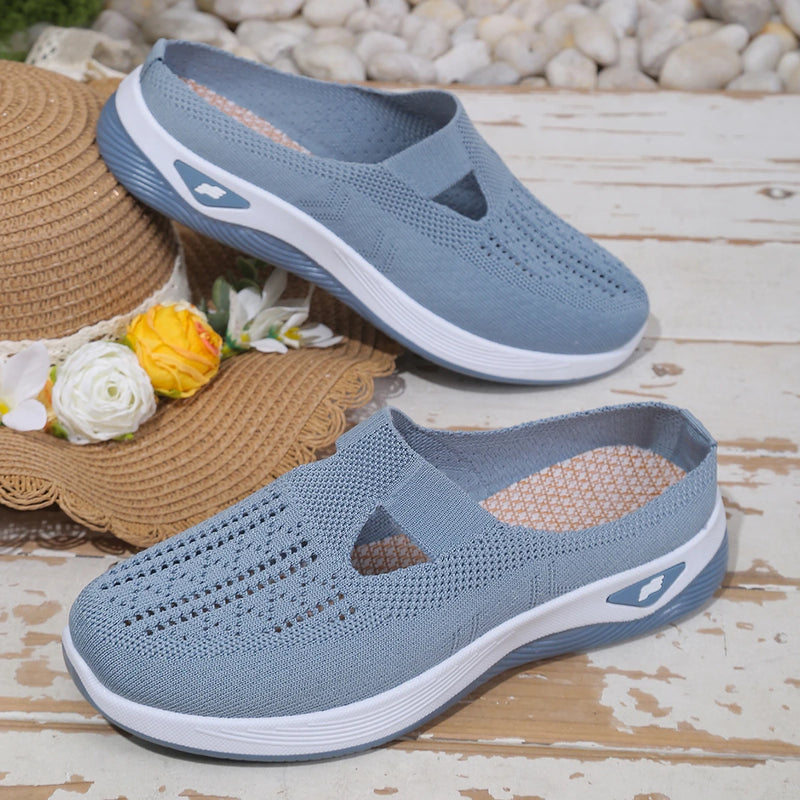 Women's Backless Walking Mules Non-Slip Breathable Knit Slippers for Elderly Ladies Indoor Outdoor Casual Shoes