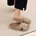 New Arrival Cross Design Closed Toe Mules, Soft Sole Suede Slides, Versatile Commute Daily Wear Women Backless Half Sandals