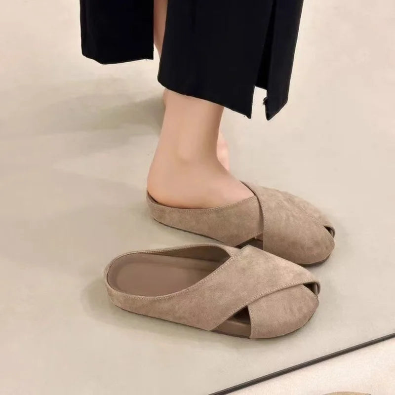 New Arrival Cross Design Closed Toe Mules, Soft Sole Suede Slides, Versatile Commute Daily Wear Women Backless Half Sandals