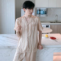 White Striped Men Pajamas Suit Short Sleeved Long Pants Thin Ice Silk Sleepwear Summer Satin Silk Home Clothing Set Pyjamas Male