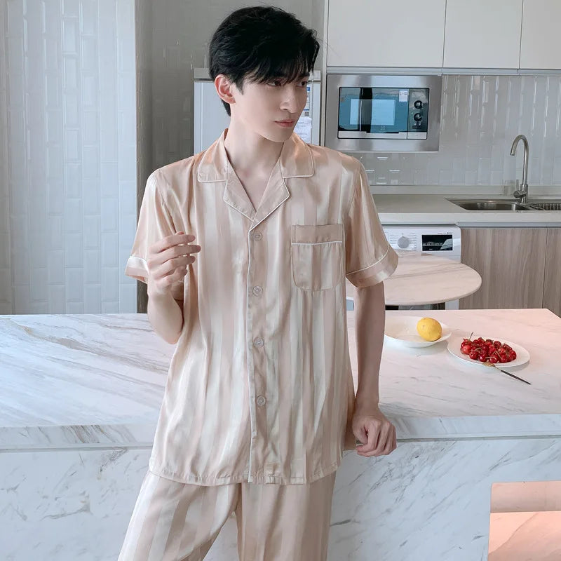 White Striped Men Pajamas Suit Short Sleeved Long Pants Thin Ice Silk Sleepwear Summer Satin Silk Home Clothing Set Pyjamas Male