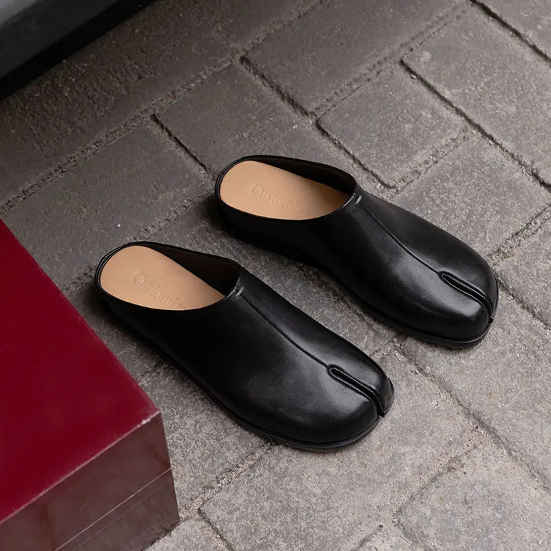 New Genuine Leather Cowhide Women Mules, Split Toe Slip-on Women Slippers,Fashion Flats Women Shoes