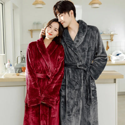 Couple Flannel Robe Winter Thick Warm Bathrobe Long | SAMAG