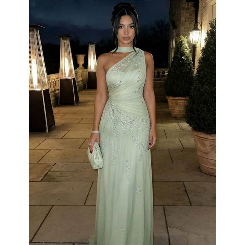 EGS Customized A-line Light Green Floral Embroidery Prom | SAMAG