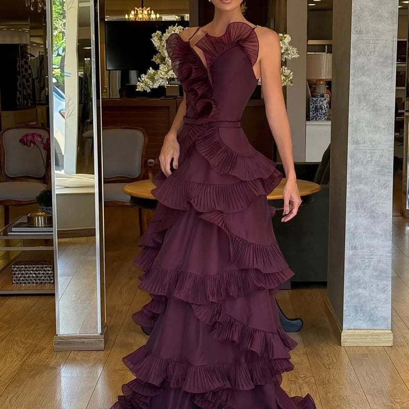 Sansa Customized Luxury Burgundy One-Shoulder Tiered | SAMAG