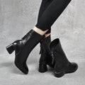Leather boots for women 2023 autumn and winter round head mid-leg thick heel boots European and American style after zipper fash