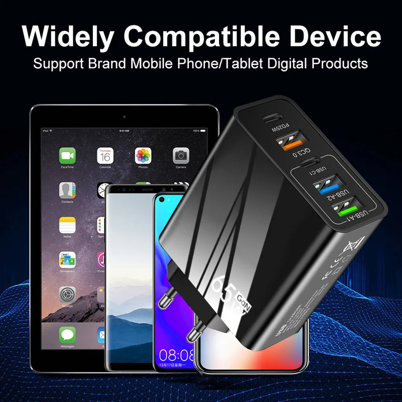 5 Ports 65W USB Type C Fast Charging Charger QC 3.0 Phone Adapter  For iPhone 15 Huawei Xiaomi Samsung EU/US Plug Wall Charger