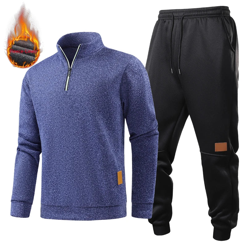 Men Winter Warm Fleece Lined Sweatsuit Half Zip Pullover Sweatshirt Elastic Waist Jogging Pants Casual Sports Suit