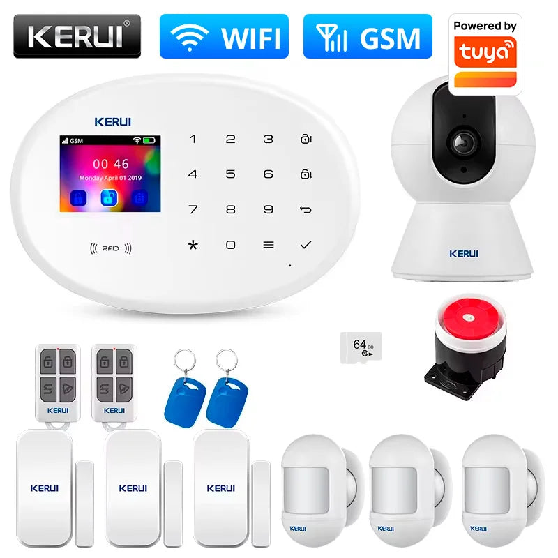 KERUI Home Security Protection WIFI GSM Alarm System Kit Works with Tuya Support Alexa with Door Opening Sensor Motion Detector