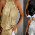 Women Gold Blouse 2025 New Fashion High Neck Sleeveless Hatler Tank Top Vest Summer Casual Loose Blouse Shirt Tee