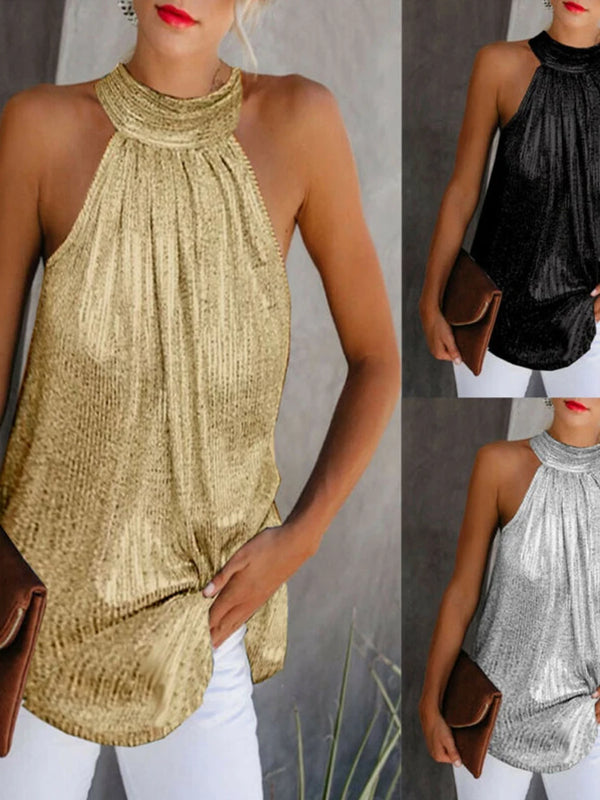 Women Gold Blouse 2025 New Fashion High Neck Sleeveless Hatler Tank Top Vest Summer Casual Loose Blouse Shirt Tee