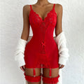 Floral Lace Split Sexy Babydoll Semi-sheer Deep V Bow Ruffle Dress and Panties Underwear Sets Women's Erotic Lingerie Nightgown