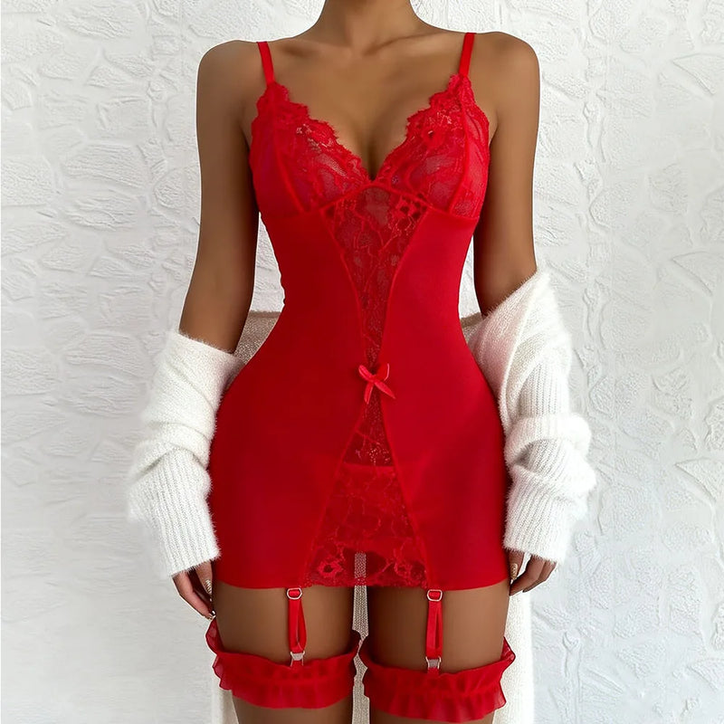 Floral Lace Split Sexy Babydoll Semi-sheer Deep V Bow Ruffle Dress and Panties Underwear Sets Women's Erotic Lingerie Nightgown