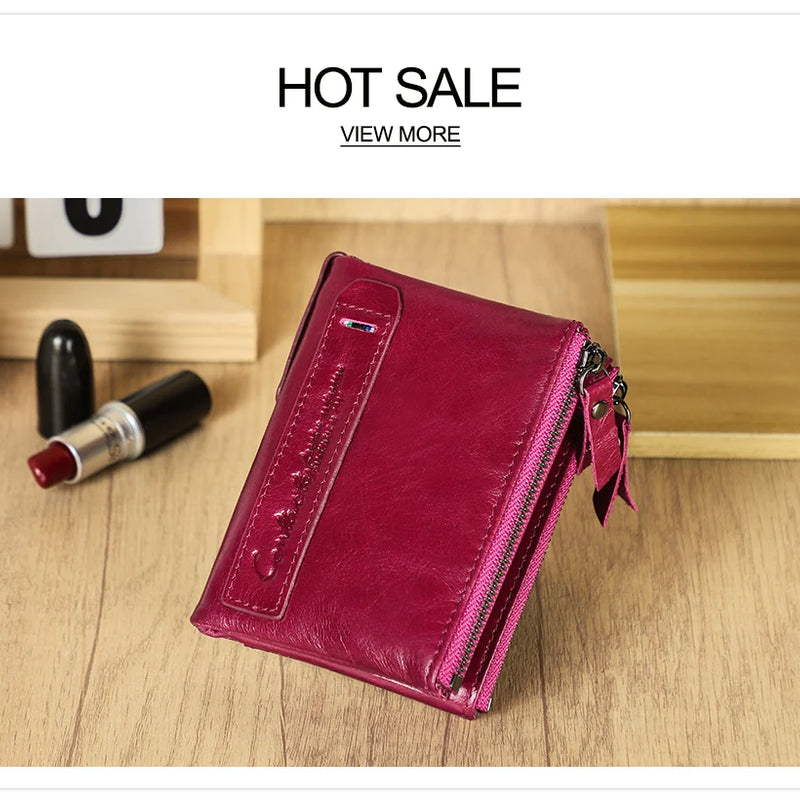 CONTACT'S Fashion Genuine Leather Women Wallet Bifold Card Holder Coin Purse Small Women's Purse Money Clip Men Pocket Wallets
