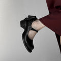 Arden Furtado Women's Mary Jane Shoes Cowhide Leather Round Toe High Heels Bowknot Chunky Pumps with Belt Buckle