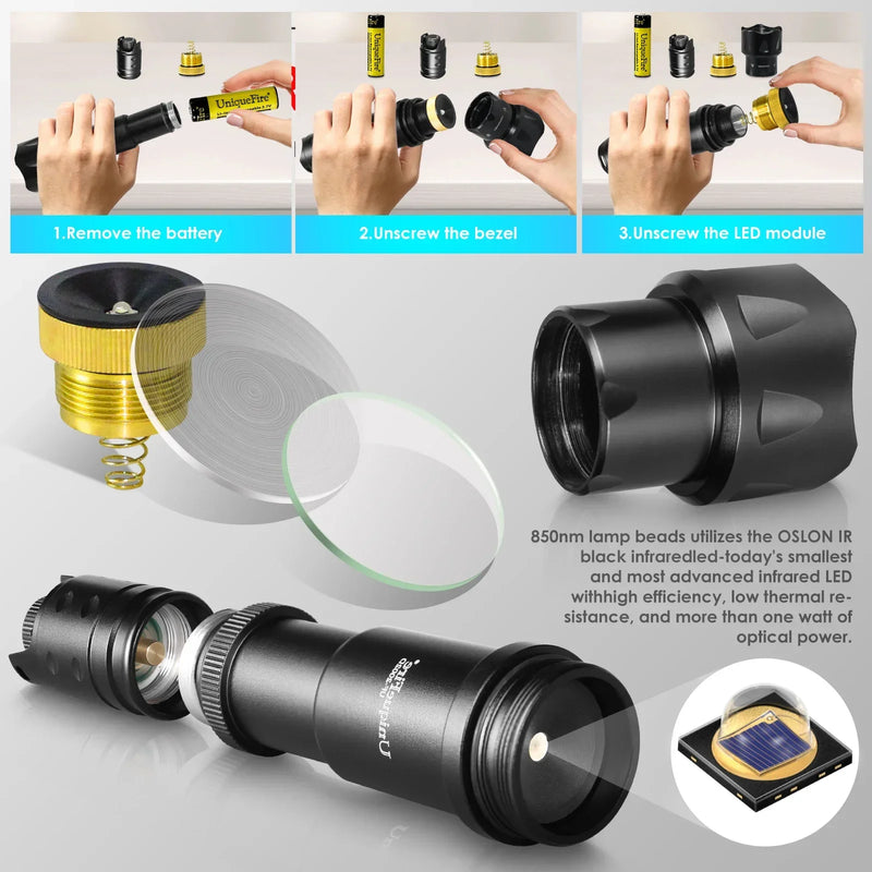UniqueFire 2002D 44mm Lens Vcsel IR 940nm 850/810nm LED Hunting Flashlight Zoom Night Vision Dimmer Swtich Torch Max.1000 Meters