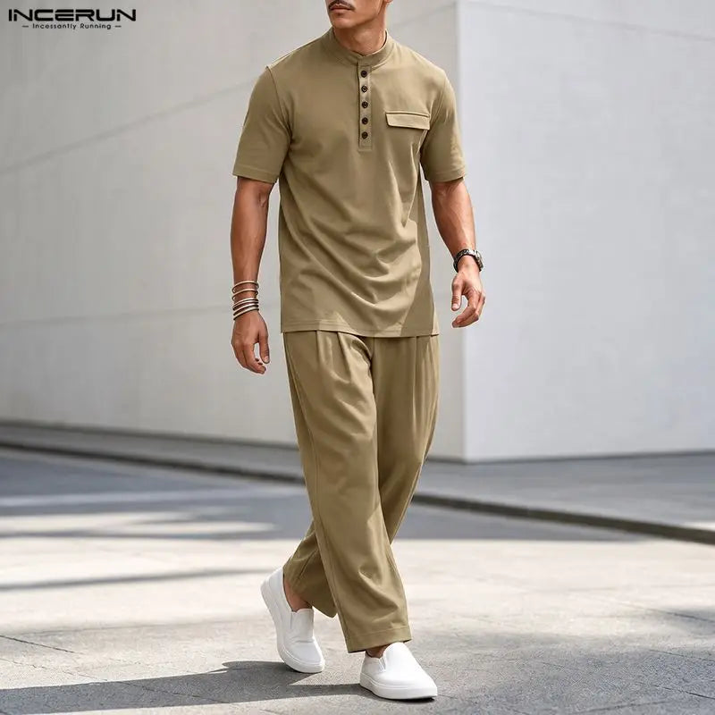 INCERUN Men's Sets Solid O - neck Short Sleeve T Shirt Pants Two Piece Streetwear Casual Fashion Matching - View 3 | SAMAG