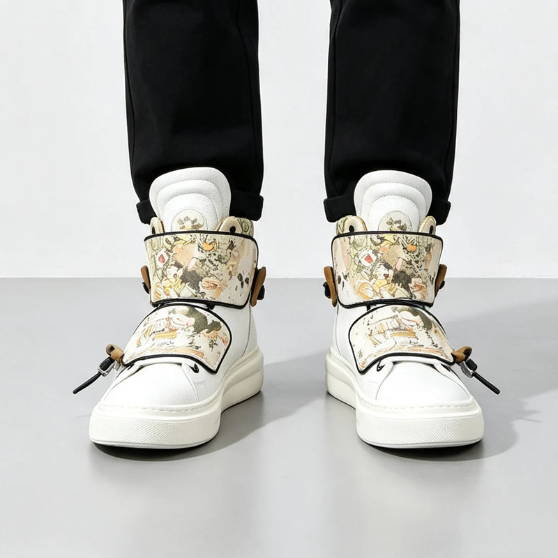 Chinese Style Comic Print High-Top Sneakers for Men, 2026 Autumn New Versatile Thick-Soled Sports Casual Shoes, Trendy White Shoes with Unique Design, Lightweight Skateboard Shoes for Young Men