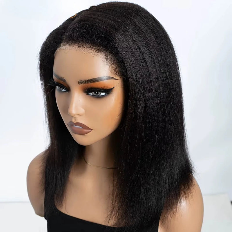 Kinky Straight Bob Side Part Human Hair Lace Wig Pre Plucked 14inches Natural Hairline Wig Natural Black Glueless Human Wigs