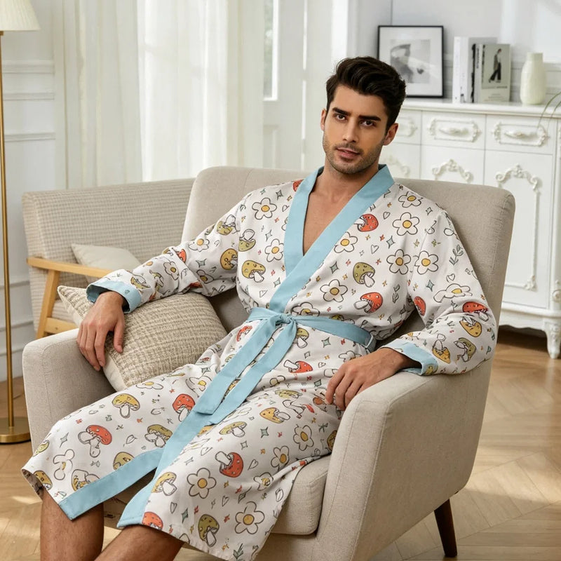 Men's lightweight quick-drying pajama bathrobe - 3D digital printing, non-fading design, stand-up collar and adjustable waistban