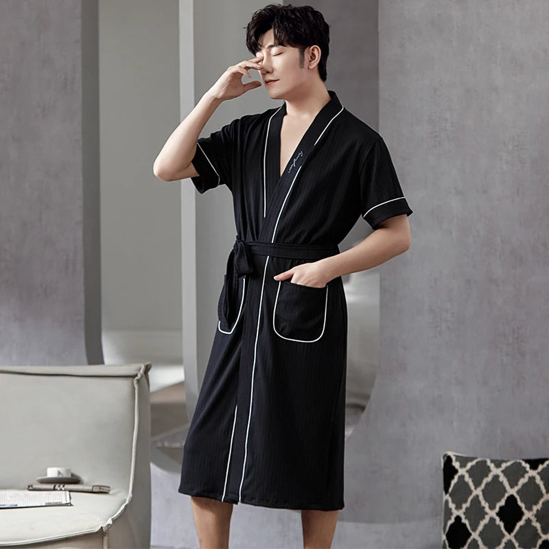 Big Yards L - 4XL Pajamas Mens Soft Cotton Knited Robes Sexy V-Neck Short Sleeve Bathrobe Male Solid Color Nightgown Lounge