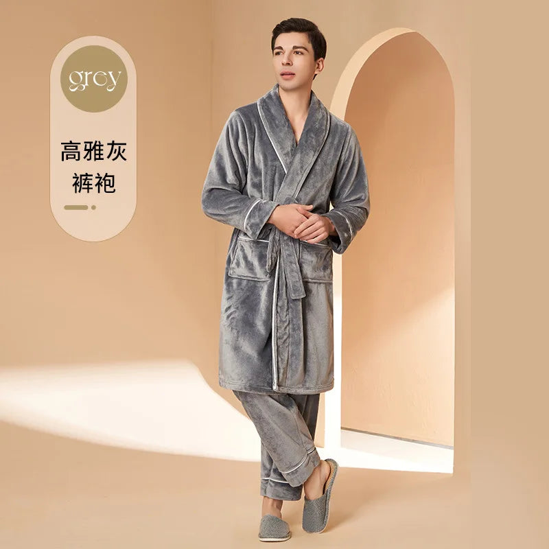 Flannel Couple Robe And Pant Set Warm Autumn Winter Thick Coral Fleece Pajamas Women's Bathrobe Men's Sleepwear Loose Home Cloth