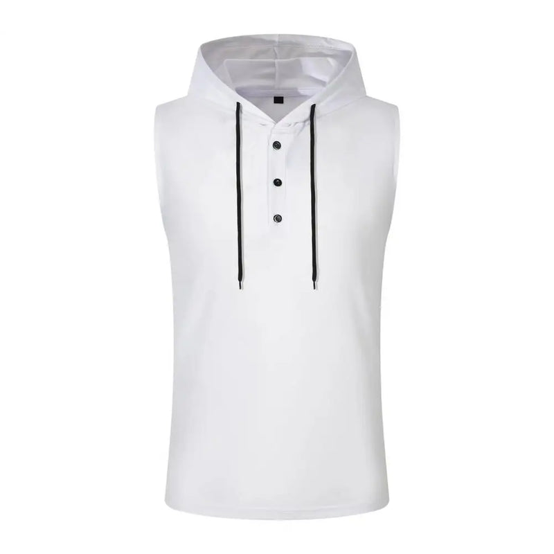 Men Vest Hooded Drawstring Sleeveless Tops Solid Color T-Shirt with Wide Shoulder Straps Button Adjustment Sports Vest