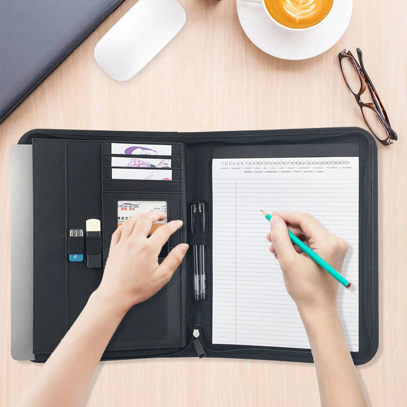 Bisofice Zippered Business Padfolio A4 PU Leather Portfolio Organizer for Interview Resume Document Planner Agenda  Holder