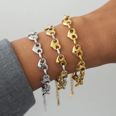 Minimalist Classic 18K Gold Color Plated Stainless Steel Two Tone Heart Button Bracelacelet Stackable Round Bracelet | SAMAG