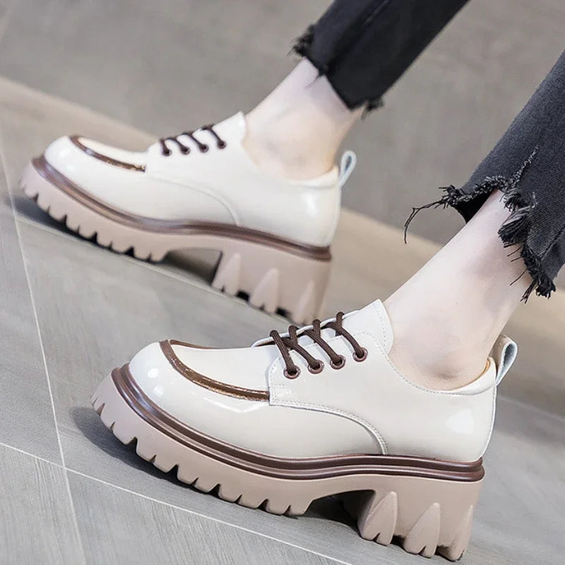 Fashionable Thick Soled High Rise Loafers with Thick Heels Shoes for Women 2024 Autumn Winter New Lace-up Women's Boot