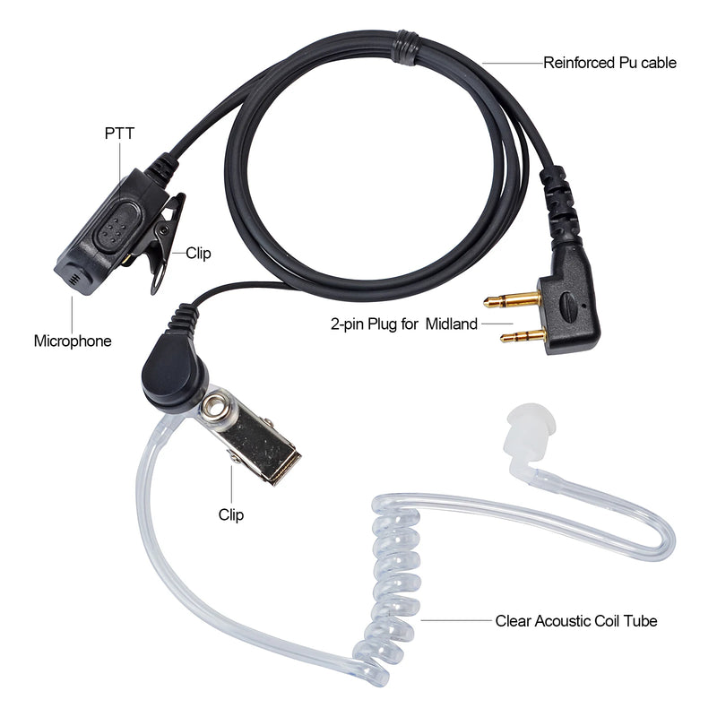 Surveillance Walkie Talkie Earpiece wired, original Headset with Clear Acoustic Coil Tube Earbud Audio Kit for Midland Radios