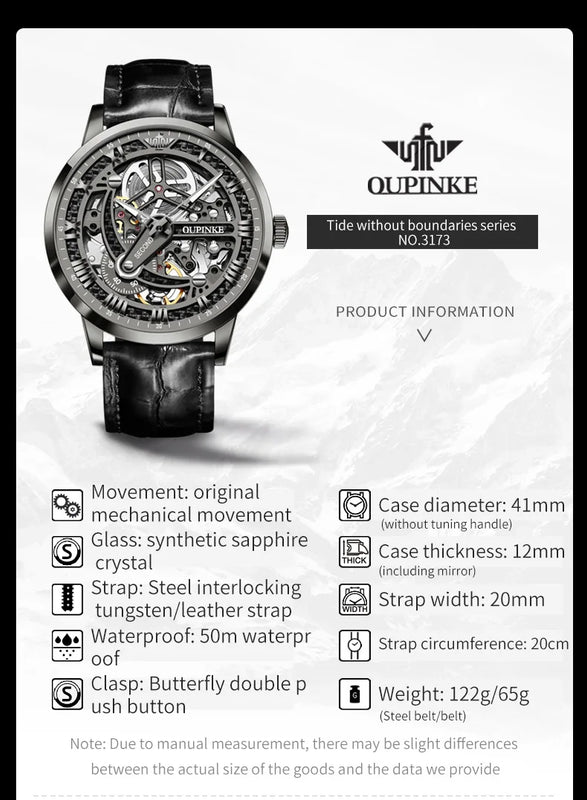OUPINKE 3173 Fully Transparent Hollowed Automatic Mechanical Watches for Man Luxury Original Leather Strap Waterproof Mens Watch