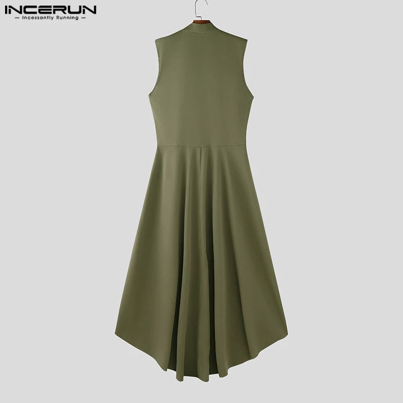 INCERUN Men Vests Solid Color Stand Collar Sleeveless Male Long Style Waistcoats Streetwear 2025 Fashion Casual Male Dress Vests
