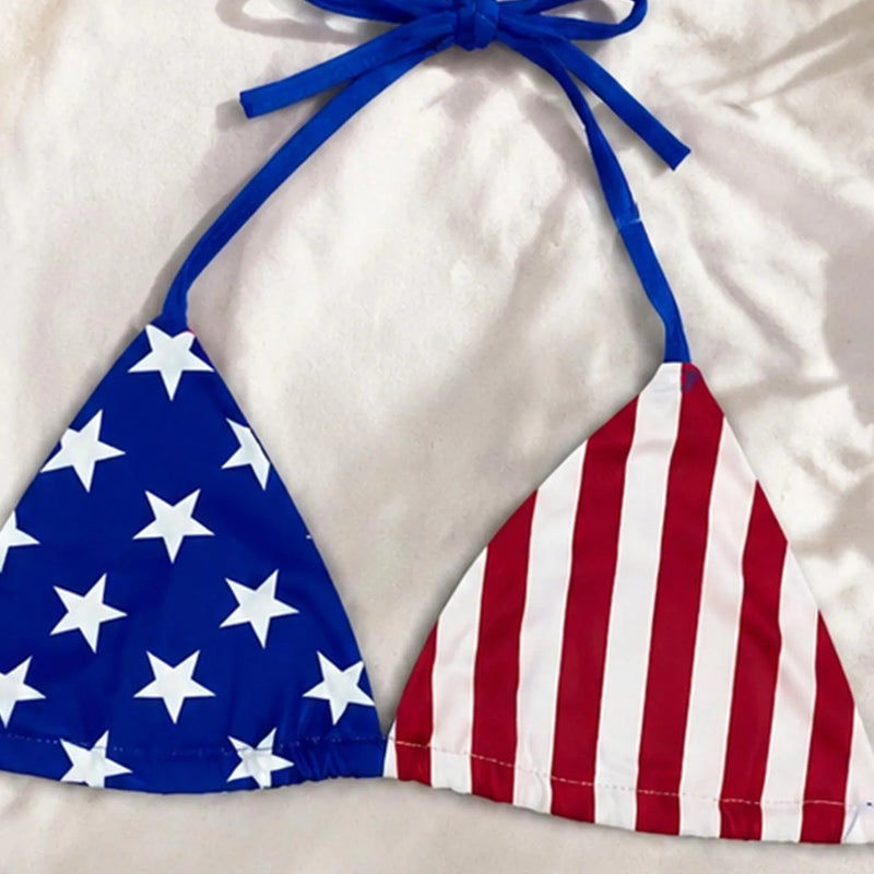 Vintage American Flag Print Bikini Set Halter String | SAMAG