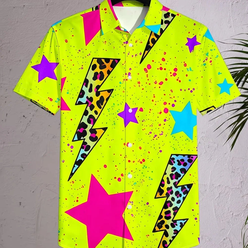 Neon Green Star Pattern Lapel Shirt for Women Leopard - View 3 | SAMAG