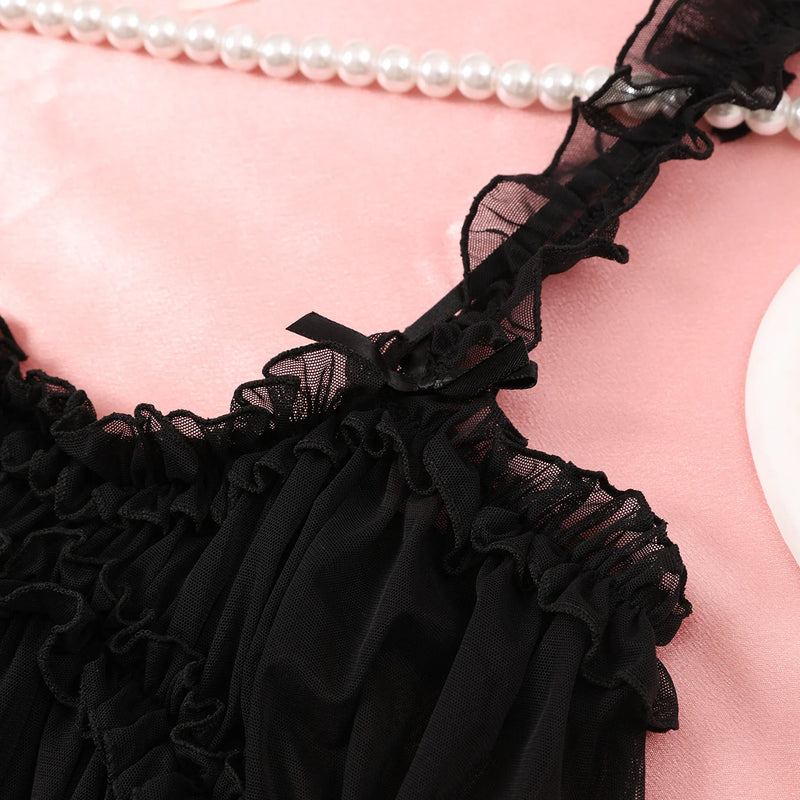 Transparent Seductive Black Porn Night Dress Underwear Hot Women Sleepwear New Lace Pajama Set Babydoll + Panties Sex Nightgown